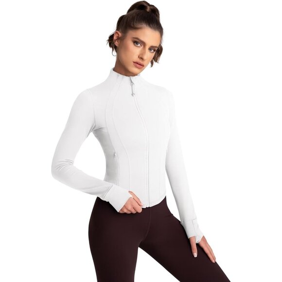 Brand New Women White Polyamide Full Zip BBL Workout Yoga Jacket With Pockets - Picture 1 of 6